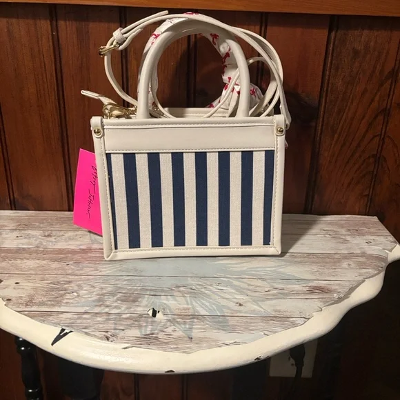 Betsy Johnson Navy and White Striped Mini Bag with Red Lobster Charm - Picture 8 of 14